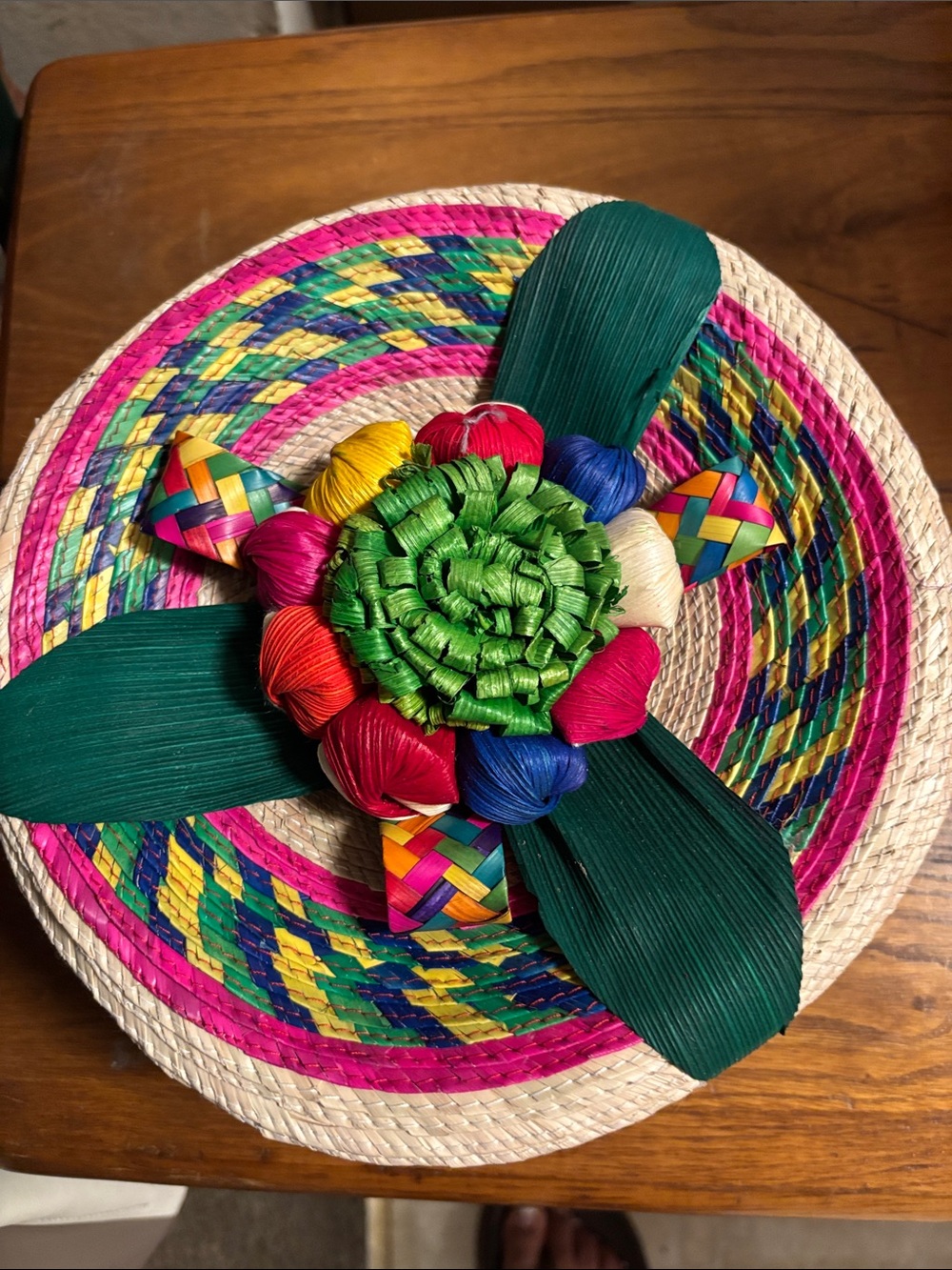 Handwoven Palm Tortillero Decorative Round Basket with Colorful Tassel Flower